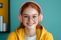 Young redhead woman wearing pink headphones and yellow hoodie smiling at camera in modern colorful interior for music and lifestyle content.