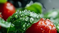 Fresh red cherry tomatoes and green basil leaves covered with water drops in macro photography, natural organic food background for healthy eating concept.