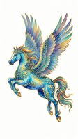 Ornate winged horse with turquoise, gold, and blue decorative patterns, isolated on transparent background. Ready for t-shirts, stickers, clipart, sublimation, and print-on-demand designs.