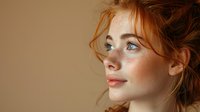 Young redhead woman with freckles and natural makeup gazing upward with dreamy expression against warm beige background, messy ginger hair strands frame face.