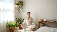 Mature woman of East Asian descent in meditation pose on bed in serene bedroom with natural light, potted plants, and minimalist decor for wellness and mindfulness content.