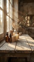 Amber dropper bottles and cream candles on rustic wooden table by sunlit window, warm natural light, cozy wellness and self-care concept.