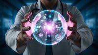 Doctor holding glowing digital sphere with medical icons and data visualization for healthcare technology and innovation concepts.