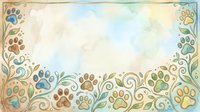 Watercolor paw print border frame with ornamental flourishes and botanical elements on aged paper background, suitable for pet-related designs, certificates, and greeting cards.