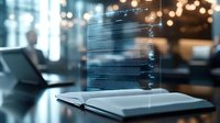 Open book with digital holographic projection displaying data streams and code in modern office setting with bokeh lights, representing future of education and technology.
