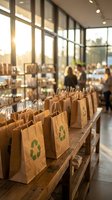 Eco-friendly paper shopping bags with recycling symbols lined up on wooden counter in modern retail store with natural sunlight streaming through windows.
