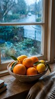 Rustic ceramic bowl with fresh oranges and lemons on a wooden windowsill, rain-streaked glass and lush garden in the background.