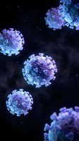 Microscopic virus particles floating in dark space with purple and blue coloring for medical research and healthcare education presentations.