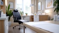 Modern office workspace with wooden desk in foreground, ergonomic black chair, potted plants, natural light from windows, and organized storage. Suitable for business, corporate, and workplace design projects.