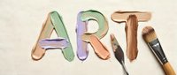 Colorful wooden letters spelling art with paintbrushes and art supplies on neutral background, suitable for creative projects, education, and design work.