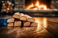 Stacked firewood logs on wooden floor with cozy fireplace in background creating warm atmospheric scene. Natural heating concept for winter comfort.