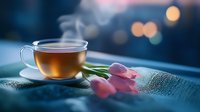 Steaming cup of herbal tea with delicate pink tulips on window sill against blurred evening city lights creating cozy atmospheric mood.