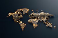 Global world map illuminated with glowing golden lights against dark background showing connected cities and international network visualization.