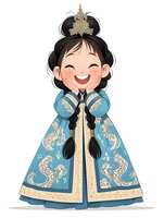 Cheerful Asian girl in traditional royal blue hanbok dress with ornate gold patterns and crown, showing happy expression with closed eyes and wide smile on isolated background.