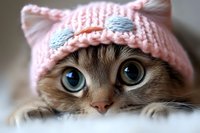 Adorable ragdoll cat with striking blue eyes wearing pink knitted hat with cat ears, looking directly at camera. Close up portrait shows soft fur and gentle expression.
