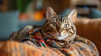 Adorable tabby cat with striking green eyes resting comfortably on colorful patterned blanket in cozy home interior setting for pet lifestyle content.