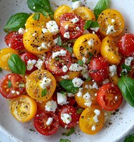 Fresh cherry tomato salad with yellow and red varieties, crumbled feta cheese, basil leaves, and black pepper seasoning on white plate, appetizing close up.