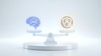 AI artificial intelligence brain icon and human head with gears balanced on white scale platform representing technology vs humanity concept.