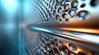 Metallic perforated surface with rows of circular holes creating depth and perspective effect against blurred blue and orange background lighting.