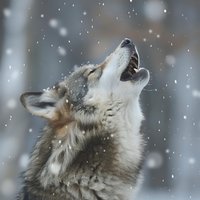 Gray wolf howling during snowfall, head tilted upward with snowflakes falling around, capturing wild animal behavior in winter environment. Natural wildlife moment.