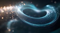 Magical glowing turquoise wave with sparkling particles and bokeh lights creates ethereal atmosphere against dark background. Abstract motion design element.