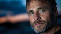Close-up portrait of middle-aged Caucasian man with beard and blue eyes against blurred sunset background, conveying contemplation and determination.