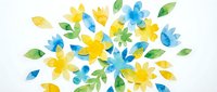 Young woman with medium skin tone, wearing casual professional attire, smiling while holding colorful watercolor flowers isolated on white background, ready for design projects.