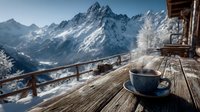 Steaming coffee cup on wooden balcony overlooking snow-covered mountain peaks and alpine valley in winter morning light for cozy cabin lifestyle concepts.