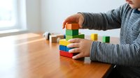 Young child stacking colorful wooden blocks on a table, building a tower indoors. Early childhood development and learning through play concept.