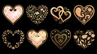 Elegant golden floral hearts set, isolated on transparent background. Ornate designs with swirls, flowers, and stars. Great for stickers, T-shirts, sublimation, and print on demand.