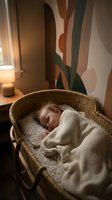Peaceful newborn baby sleeping in wicker bassinet with warm lighting and modern nursery decor for parenting and childcare concepts.