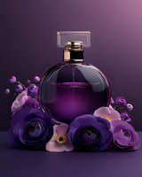 Luxury purple perfume bottle with golden cap surrounded by violet ranunculus flowers on gradient background for cosmetics and fragrance advertising.