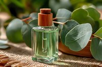 Glass bottle with copper cap surrounded by fresh eucalyptus leaves on natural burlap texture, soft natural lighting creates elegant spa atmosphere.