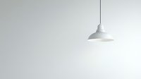 White minimalist pendant lamp hanging against light gray wall, creating soft illumination and clean modern aesthetic for interior design and home decor projects.