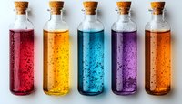 Colorful glass bottles with cork stoppers containing vibrant liquid potions with floating particles against white background, arranged in rainbow sequence.