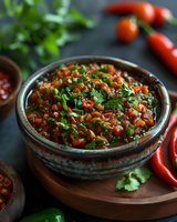 Homemade spicy salsa with fresh cilantro and chopped chili peppers served in rustic ceramic bowl. Perfect for Mexican cuisine, appetizers and party food photography.