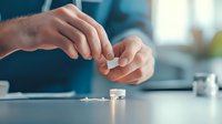 Young Caucasian person crushing white medical pills into powder on white table surface in soft natural lighting, close-up view of hands preparing medication.