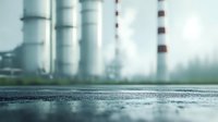 Wet asphalt surface with industrial cooling towers in blurred background creating atmospheric industrial landscape after rain with bokeh effect.