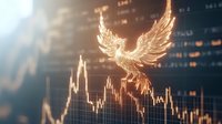 Glowing phoenix rises above financial chart with stock market data, golden light effect illuminates trading graph pattern against dark background.