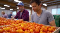 Young male worker inspecting fresh ripe tomatoes on sorting line at agricultural warehouse. Quality control of organic produce at food processing facility.