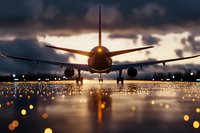 Commercial airplane on wet runway at sunset with dramatic sky and runway lights creating atmospheric aviation scene for travel concepts.