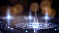 Close-up of glowing digital water droplet creating ripples with blue light particles and concentric circles on dark background for technology and innovation concepts.