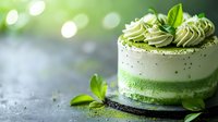 Green tea matcha layered cream cake decorated with swirled frosting, fresh mint leaves and powder dusting on dark surface against blurred bokeh background.