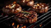Juicy beef filet mignon steaks grilling on flaming barbecue grate with rosemary garnish and seasoning. Gourmet meat preparation with char marks and flames.