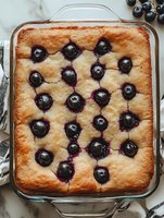 Homemade blueberry cake baked in glass rectangular dish, golden sponge with fresh dark berries on top, overhead view on marble surface for baking and dessert content.