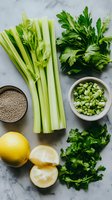 Fresh celery stalks, parsley bunches, chopped celery, lemon halves and pepper seeds arranged on marble surface. Clean eating and healthy cooking ingredients layout.