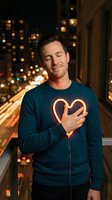 Young Caucasian man holding glowing neon heart light against chest with eyes closed, standing by urban night window with city lights bokeh background.