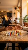 Hands protecting diverse colorful figurines on wooden table at community gathering, symbolizing unity, teamwork, and social responsibility in warm indoor setting.