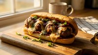 Pulled pork sandwich with caramelized onions and fresh herbs on toasted bun, served on wooden board in warm kitchen lighting for food photography and culinary content.