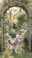 Adorable kitten standing on hind legs smelling pink roses in romantic garden archway with soft natural lighting and dreamy bokeh background.